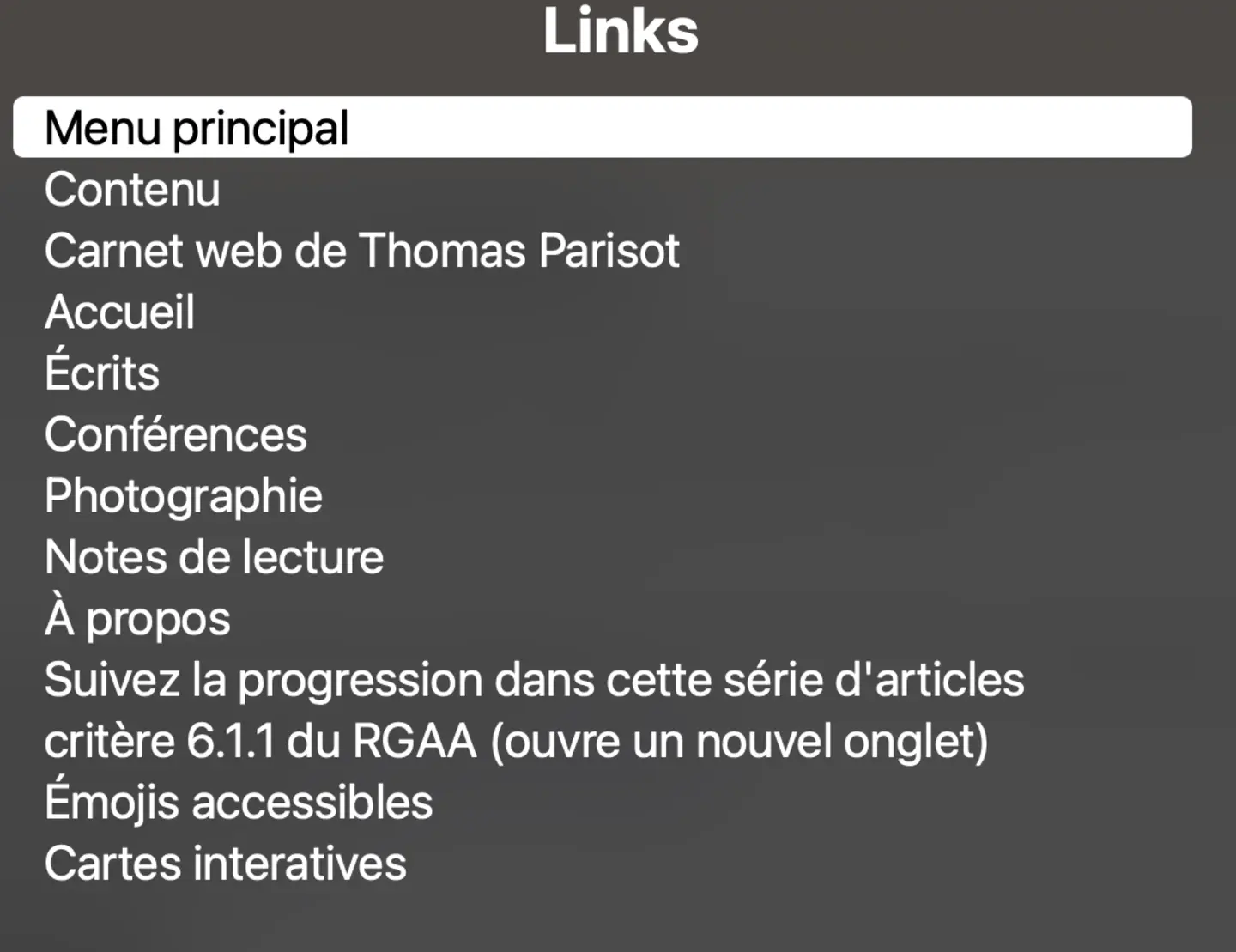 Capture d'écran de la navigation par hyperliens dans le rotor VoiceOver