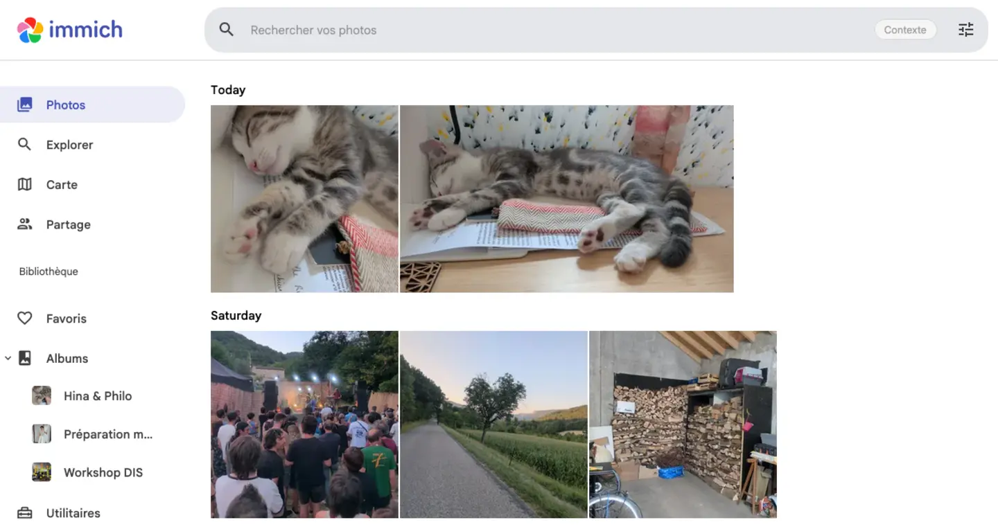 Extrait d'une page d'accueil du gestionnaire de photos Immich