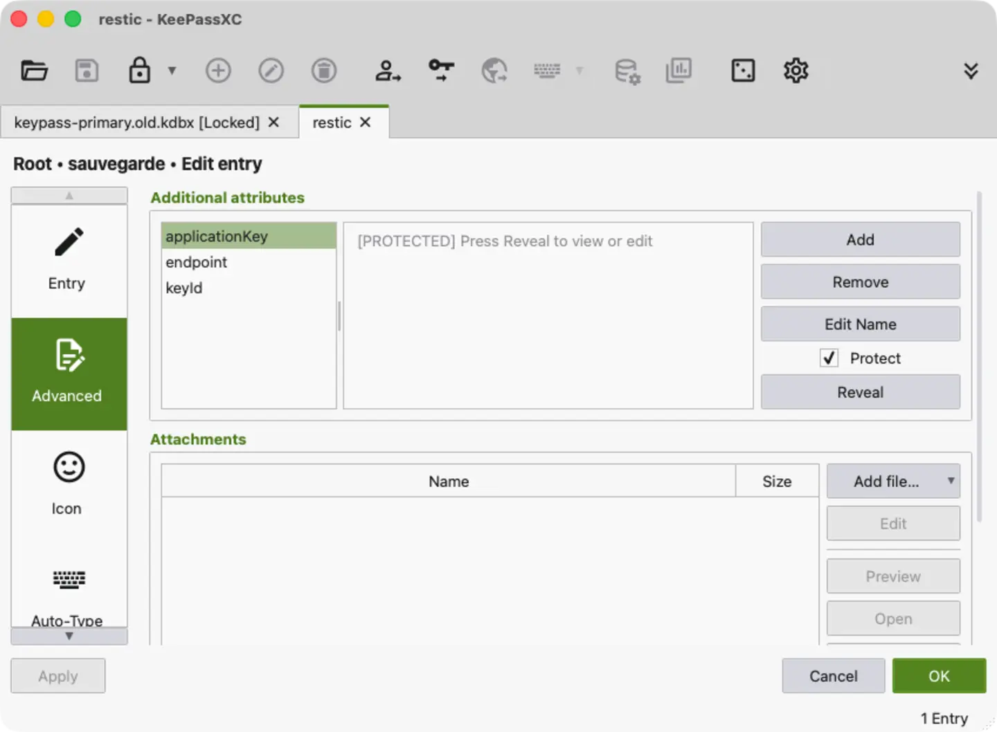 Capture d'écran d'une entrée du gestionnaire de mots de passe KeepassXC